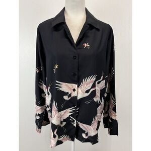 Lai Meng Five Cats Crane Button Up Blouse Womens Size Large Black All Over Print